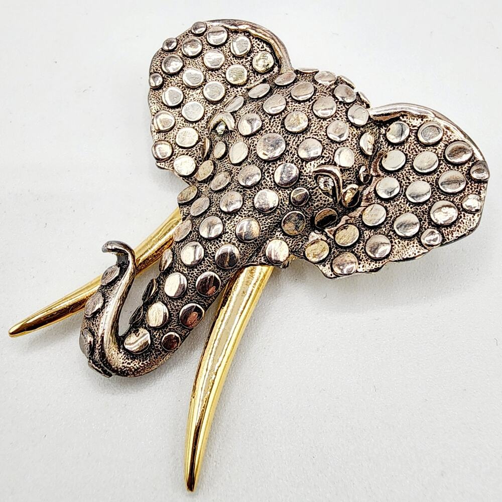 Statement Elephant Brooch Polka Dot Texture Mixed Metal Safari Animal 1980s VTG